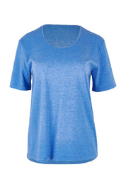 Product shot of The Classic Cotton Blend Short Sleeve Tee in colour Denim (Blue), from the front