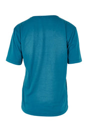 Product shot of The Classic Cotton Blend Short Sleeve Tee in colour Petrol (Blue), from the back