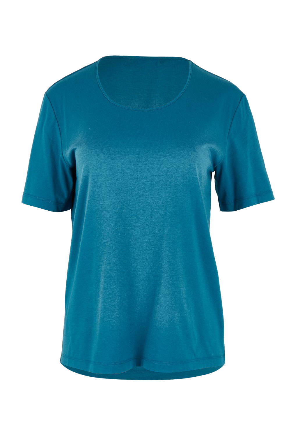Product shot of The Classic Cotton Blend Short Sleeve Tee in colour Petrol (Blue), from the front