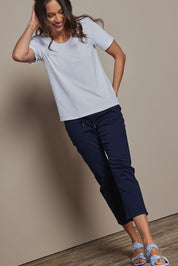 Model Amanda wearing size 10 of The Classic Cotton Blend Short Sleeve Tee in colour White (White), from the front, showing the whole outfit