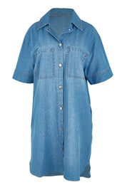 Product shot of The S/S Chambray Shacket Dress With Pockets in colour Lightdenim (Blue), from the front