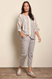 Model Amandam wearing size 10 of the The Pull On Cotton Pant With Drawstring – Biscuit in colour Biscuit, from the front