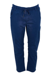 Product shot of The Pull On Cotton Pant With Drawstring in colour Indigo (Blue), from the front