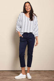 Model Amandam wearing size 10 of the The Pull On Cotton Pant With Drawstring – Navy in colour Navy, from the front