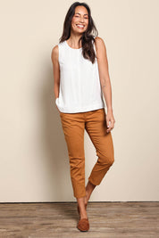 Model Amandam wearing size 10 of the The Pull On Cotton Pant With Drawstring – Rust in colour Rust, from the front