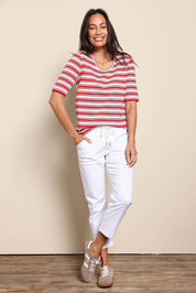 Model Amandam wearing size 10 of the The Pull On Cotton Pant With Drawstring – White in colour White, from the front