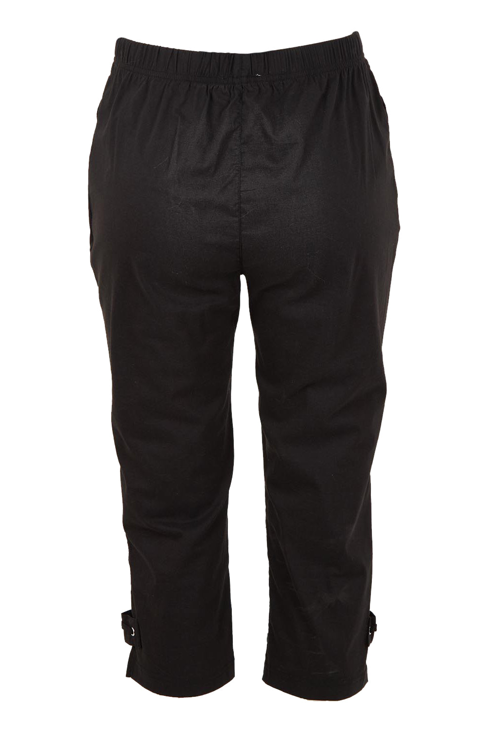 Product shot of The Pull On Elastic Waist Cotton Blend Capri Pant in colour Black (Black), from the back