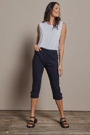 Model Amanda wearing size 10 of The Pull On Elastic Waist Cotton Blend Capri Pant in colour Navy (Blue), from the front, showing the whole outfit