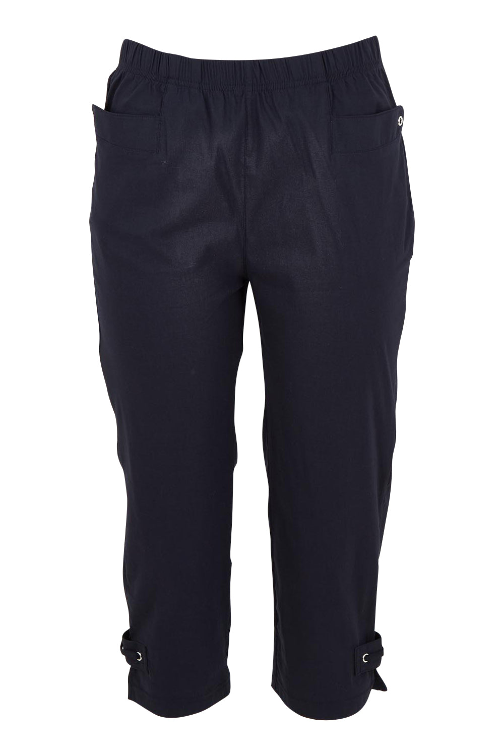 Product shot of The Pull On Elastic Waist Cotton Blend Capri Pant in colour Navy (Blue), from the front