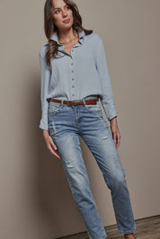 Model Madeline wearing size 10 of The Must Have Linen Look Shirt in colour Iceblue (Blue), from the front, showing the whole outfit