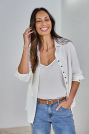 Model Amanda wearing size 10 of The Must Have Linen Look Shirt in colour White (White), from the front, showing the whole outfit