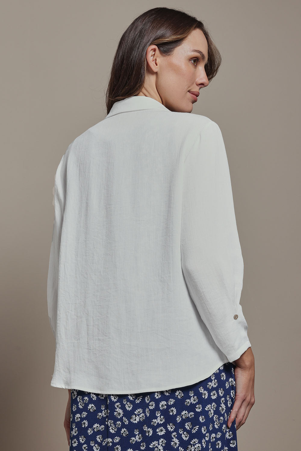 Model Madeline wearing size 10 of The Must Have Linen Look Shirt in colour White (White), from the back