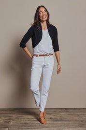 Model Amanda wearing size 10 of The Mix Me Match Me Bamboo Shrug in colour Black (Black), from the front, showing the whole outfit