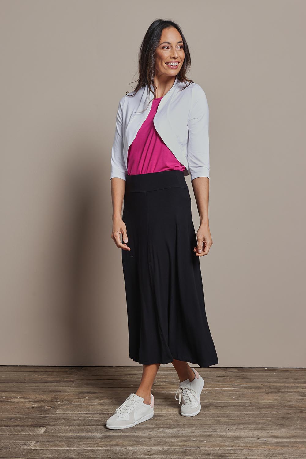Model Amanda wearing size 10 of The Mix Me Match Me Bamboo Shrug in colour White (White), from the front, showing the whole outfit