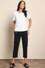 Model Amandam wearing size 10 of the The Elastic Waist Pull On Patch Pocket Pant – Black in colour Black, from the front