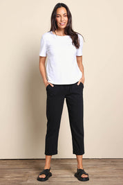 Model Amandam wearing size 10 of the The Elastic Waist Pull On Patch Pocket Pant – Black in colour Black, from the front
