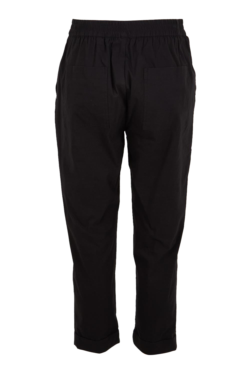 Product shot of the The Elastic Waist Pull On Patch Pocket Pant – Black in colour Black, from the back
