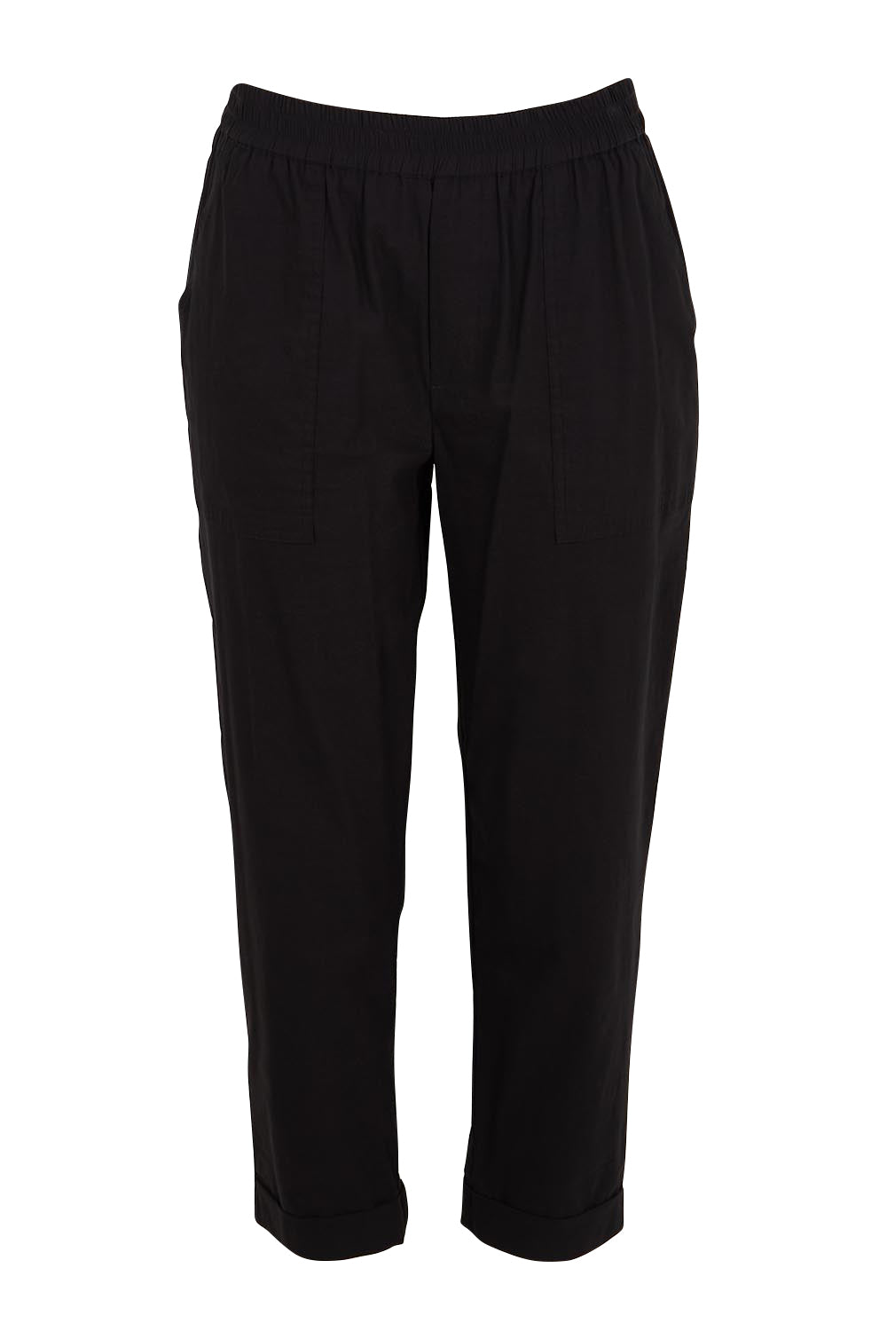 Product shot of the The Elastic Waist Pull On Patch Pocket Pant – Black in colour Black, from the front