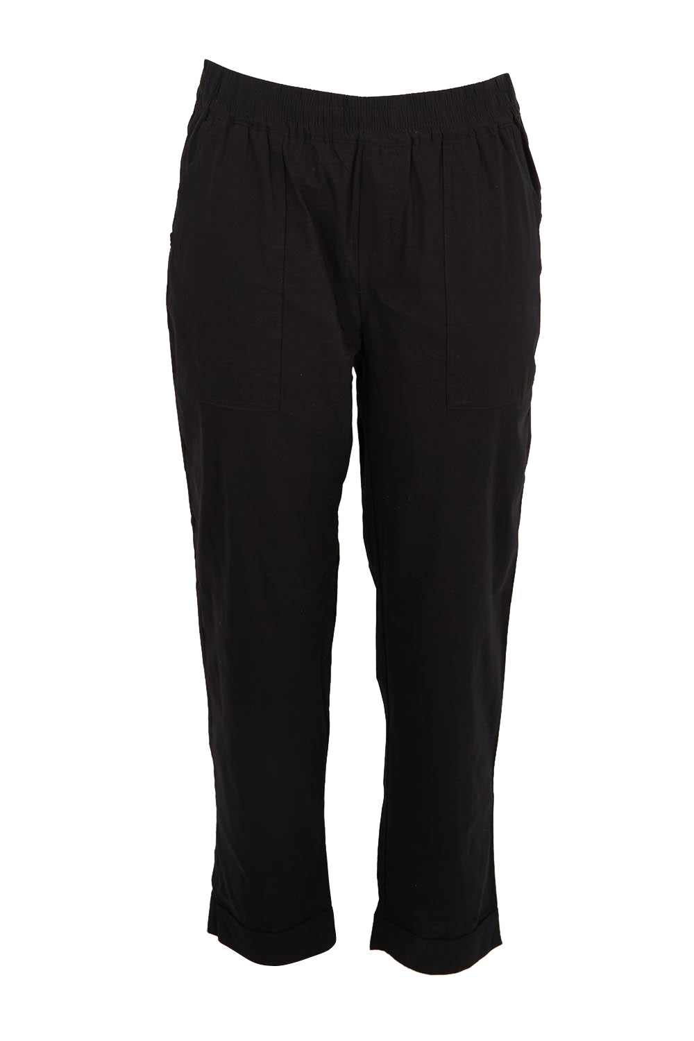 Product shot of the The Elastic Waist Pull On Patch Pocket Pant – Black in colour Black, from the front
