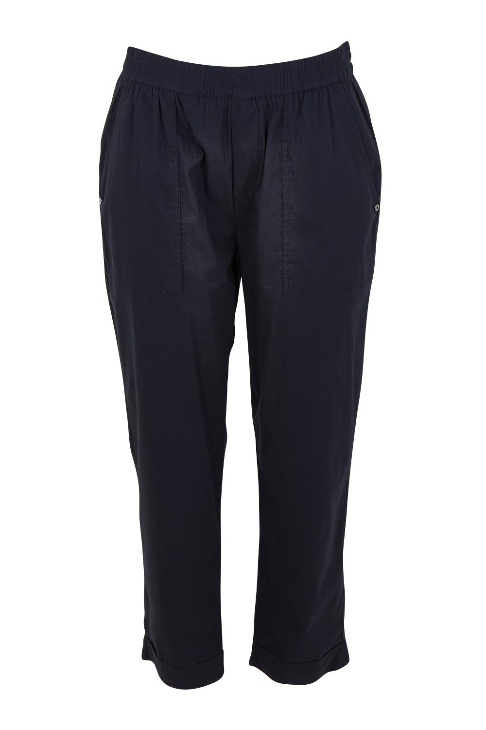 Product shot of The Elastic Waist Pull On Patch Pocket Pant in colour Navy (Blue), from the front
