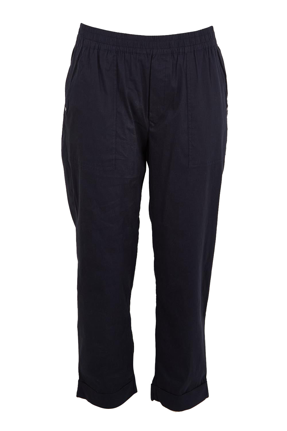 Product shot of the The Elastic Waist Pull On Patch Pocket Pant – Navy in colour Navy, from the front