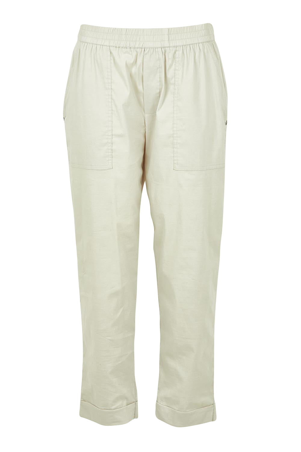 Product shot of The Elastic Waist Pull On Patch Pocket Pant in colour Pummice, from the front