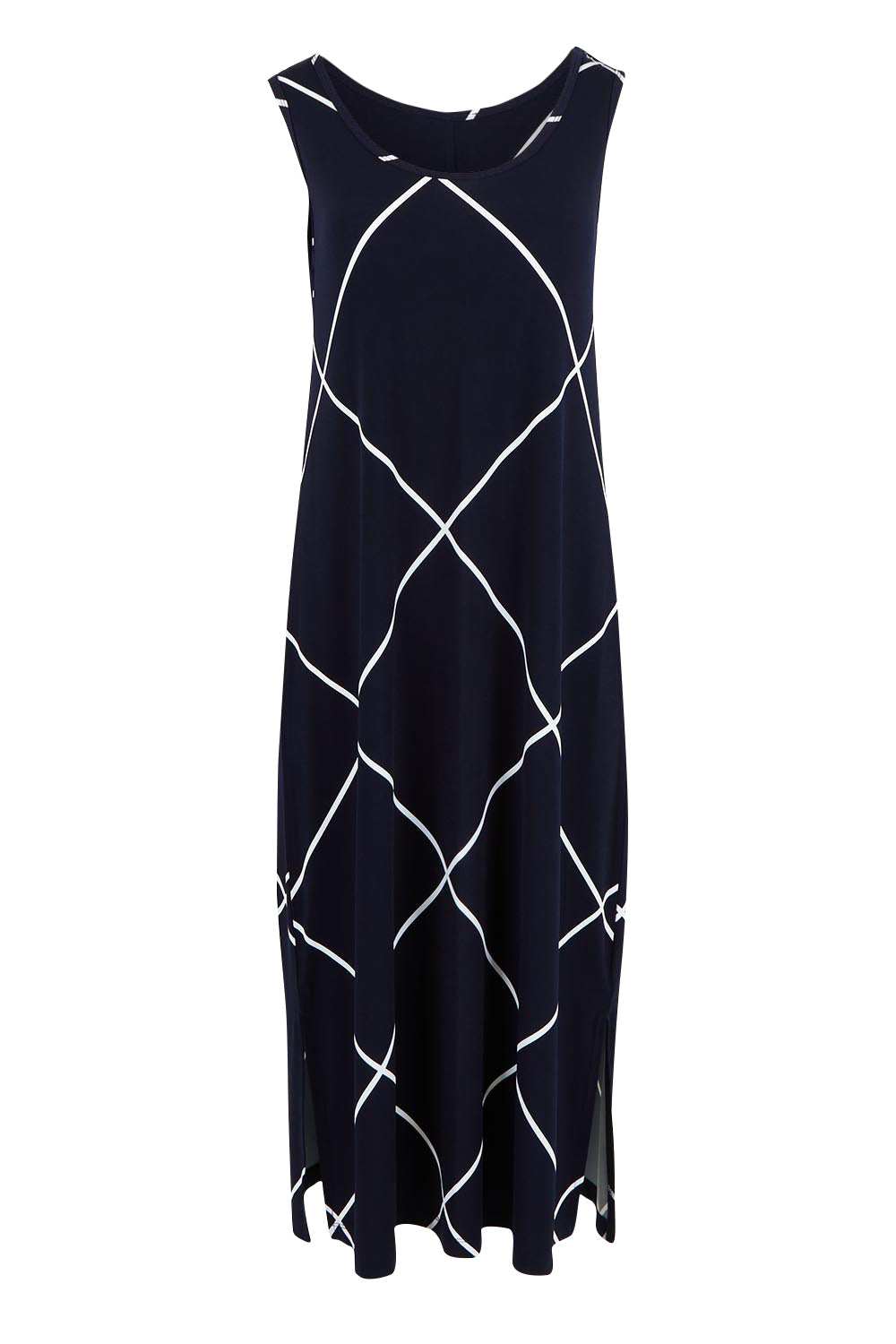 Product shot of The Easy Wear Printed Tank Dress in colour Navywhite (Blue), from the front