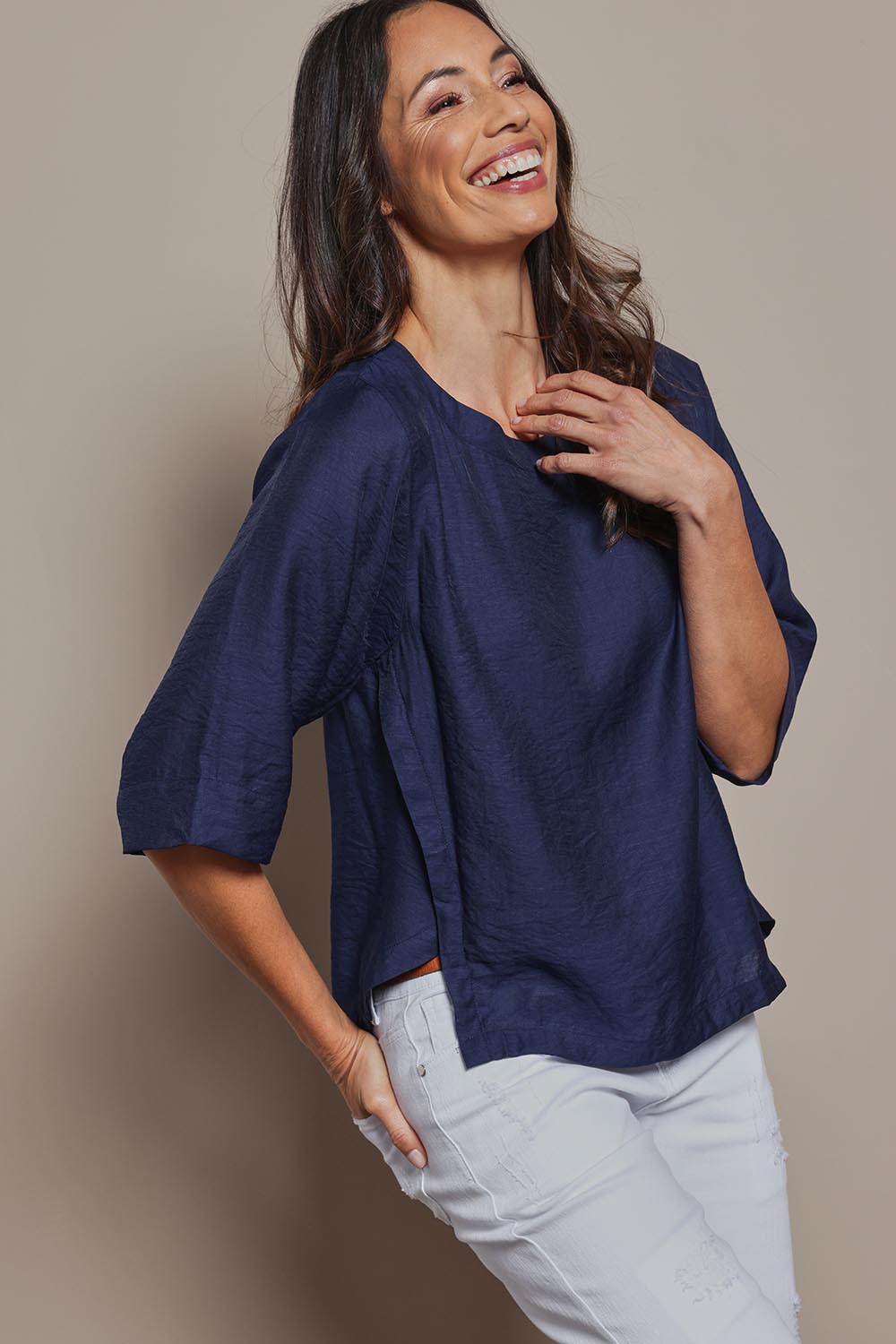 Model Amanda wearing size 10 of The Popover Cotton Blend Boat Neck Top in colour Navy (Blue), from the front, cropped image