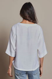 Model Amanda wearing size 10 of The Popover Cotton Blend Boat Neck Top in colour White (White), from the back