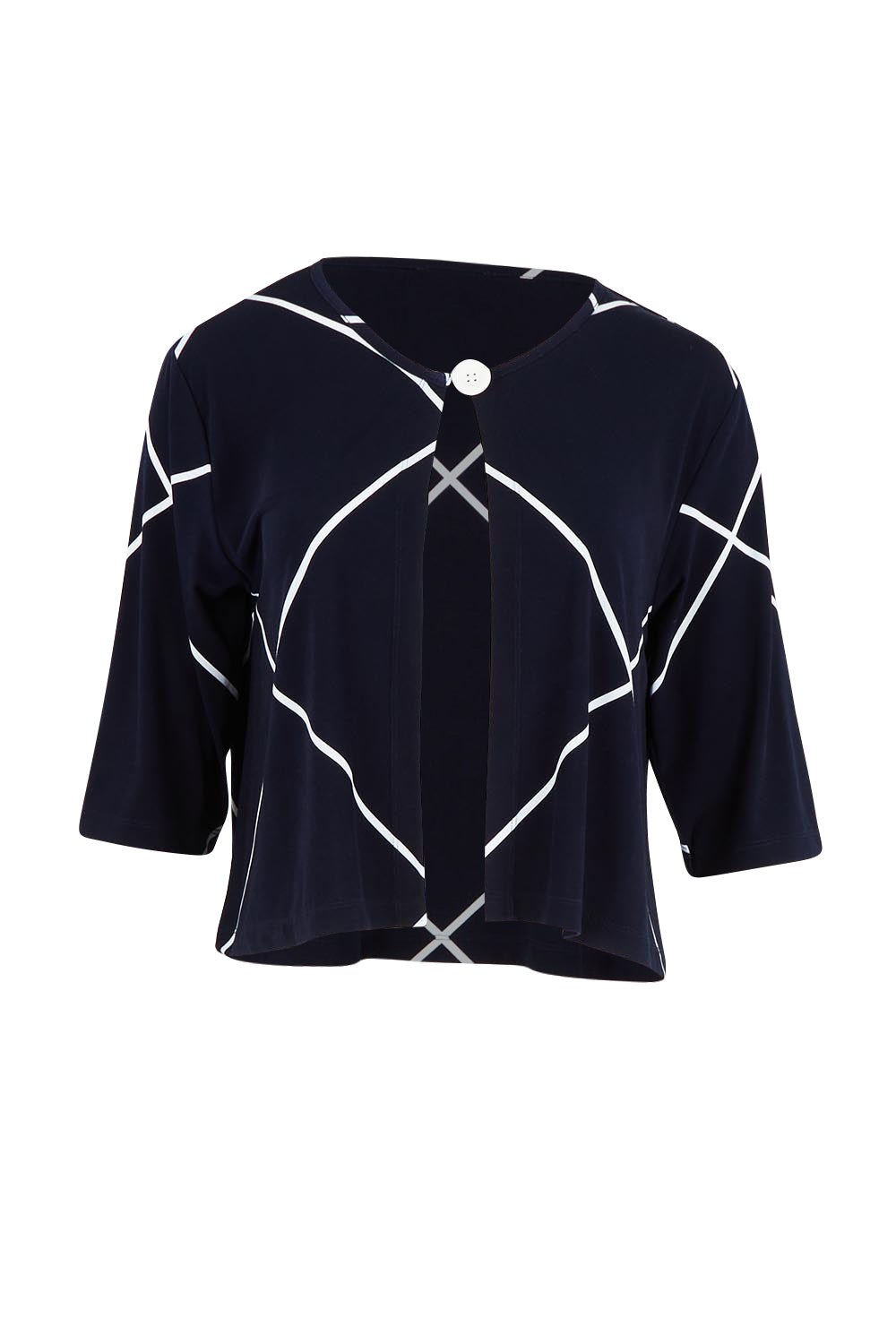 Product shot of The Easy Wear Printed Shrug in colour Navywhite (Blue), from the front
