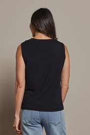 Model Amanda wearing size 10 of The Mix Me Match Me Bamboo Tank in colour Black (Black), from the back