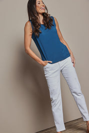 Model Amanda wearing size 10 of The Mix Me Match Me Bamboo Tank in colour Marine (Blue), from the front, showing the whole outfit