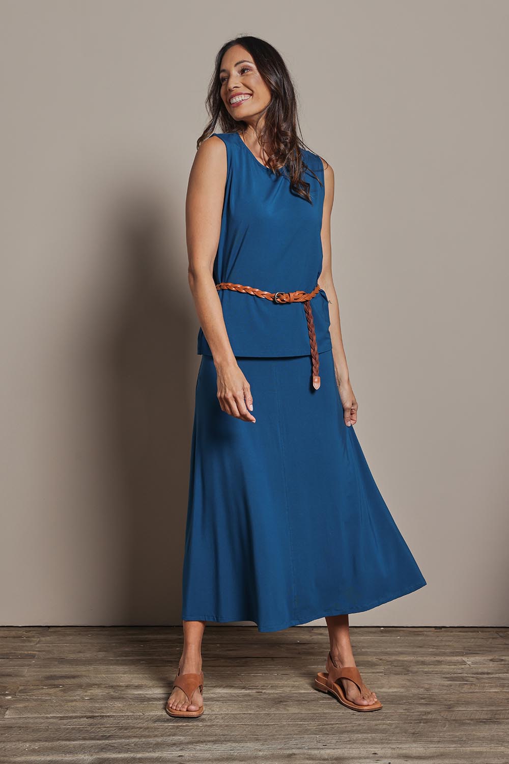 Model Amanda wearing size 10 of The Mix Me Match Me Bamboo Tank in colour Marine (Blue), from the front, showing the whole outfit