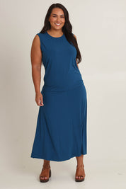 Model Ashleigh wearing size 16 of The Mix Me Match Me Bamboo Tank in colour Marine (Blue), from the front, showing the whole outfit