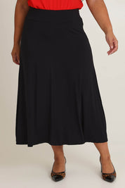 Model Ashleigh wearing size 16 of The Mix Me Match Me Bamboo Full Skirt in colour Black (Black), from the front, cropped image