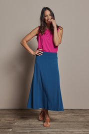 Model Amanda wearing size 10 of The Mix Me Match Me Bamboo Full Skirt in colour Marine (Blue), from the front, showing the whole outfit