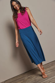 Model Amanda wearing size 10 of The Mix Me Match Me Bamboo Full Skirt in colour Marine (Blue), from the front, showing the whole outfit