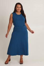 Model Ashleigh wearing size 16 of The Mix Me Match Me Bamboo Full Skirt in colour Marine (Blue), from the front, showing the whole outfit