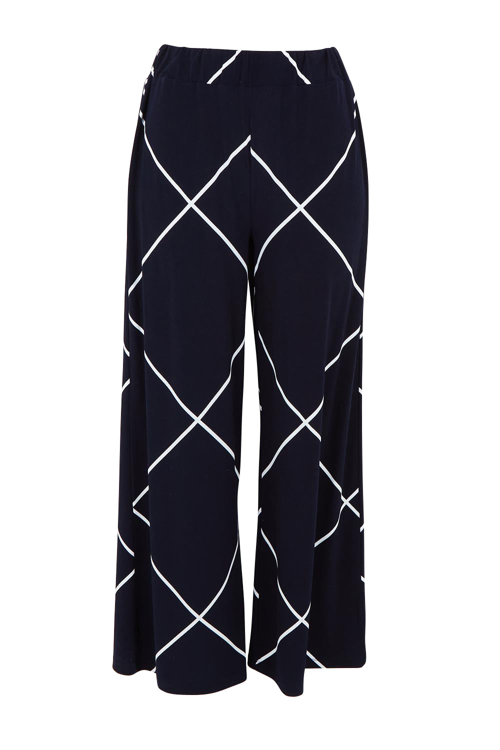Product shot of The Easy Wear Printed Pull On Wide Leg Pant in colour Navywhite (Blue), from the back