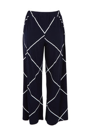 Product shot of The Easy Wear Printed Pull On Wide Leg Pant in colour Navywhite (Blue), from the front