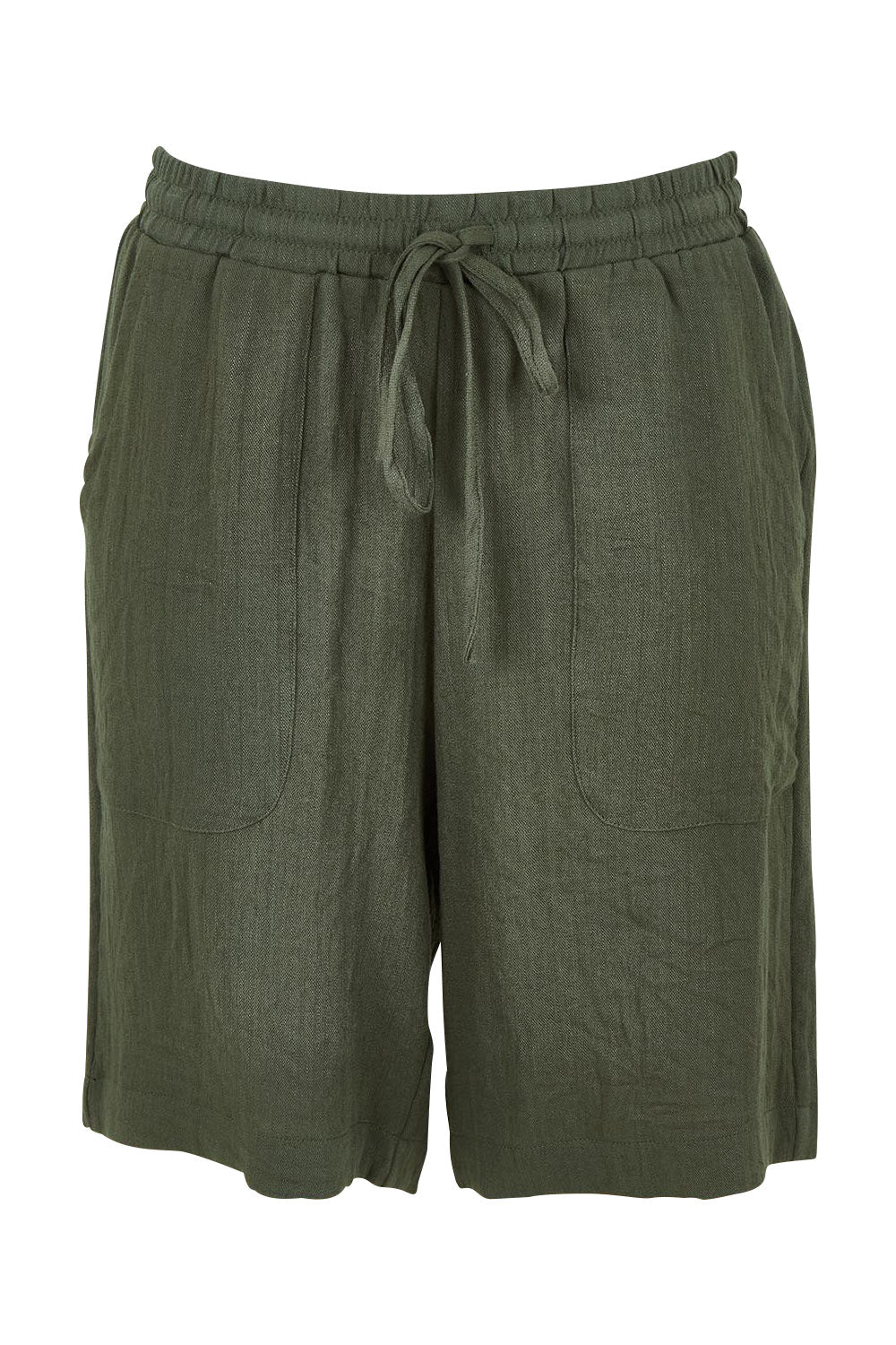 Product shot of The Must Have Linen Look Pull On Shorts in colour Armygreen (Green), from the front
