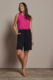 Model Amanda wearing size 10 of The Must Have Linen Look Pull On Shorts in colour Black (Black), from the front, showing the whole outfit