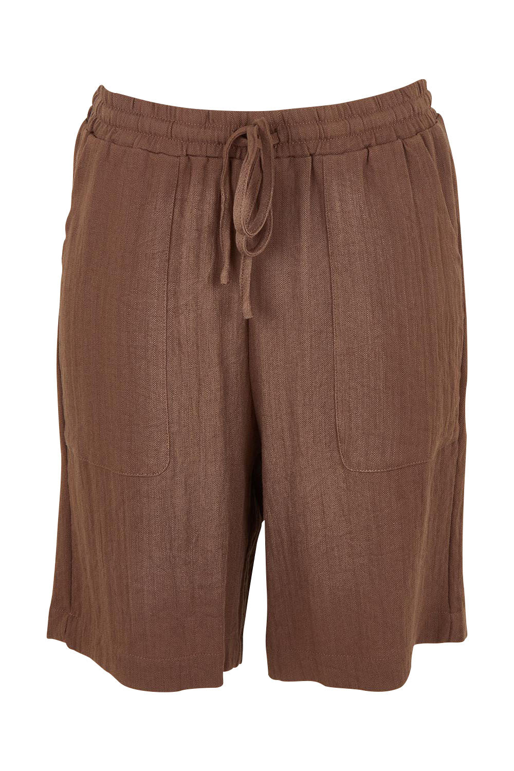 Product shot of The Must Have Linen Look Pull On Shorts in colour Cocoa, from the front