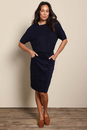Model Amandam wearing size 10 of the The Keepers Cord Pull On Skirt – Darknavy in colour Darknavy, from the front