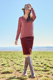 Model Amanda wearing size 10 of The Keepers Cord Pull On Skirt in colour Nutmeg, from the front, showing the whole outfit