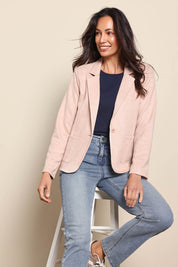 Model Amandam wearing size 10 of the The Luxe Faux Suede Blazer – Baci in colour Baci, from an angle