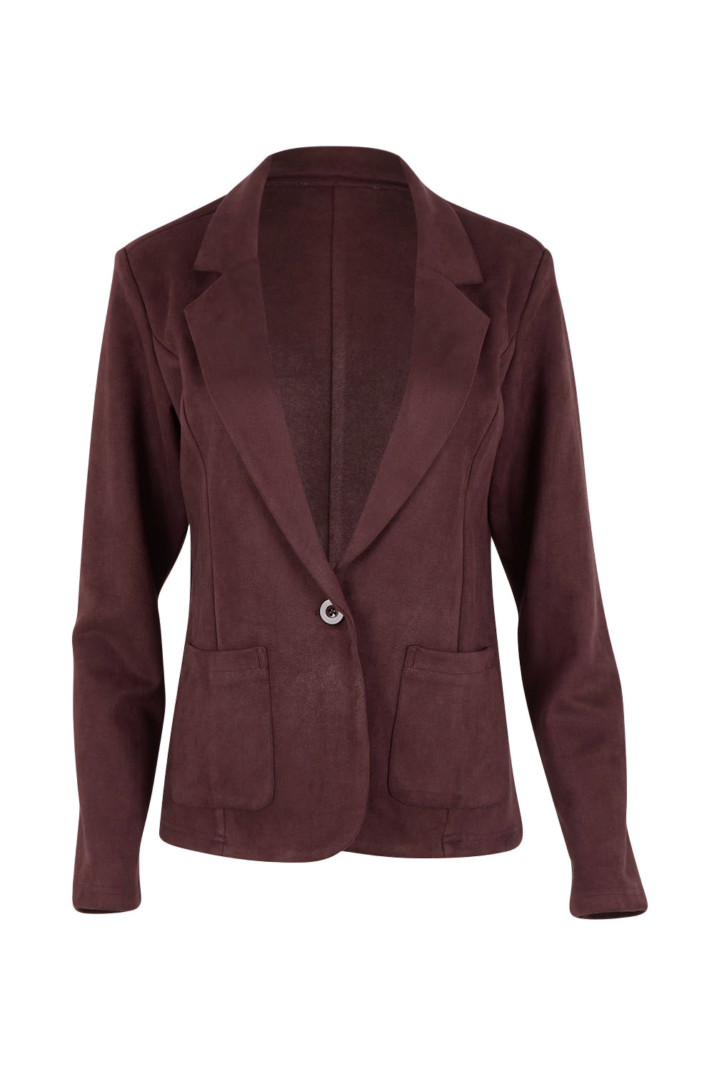 Product shot of The Luxe Faux Suede Blazer in colour Burgundy (Purple), from the front