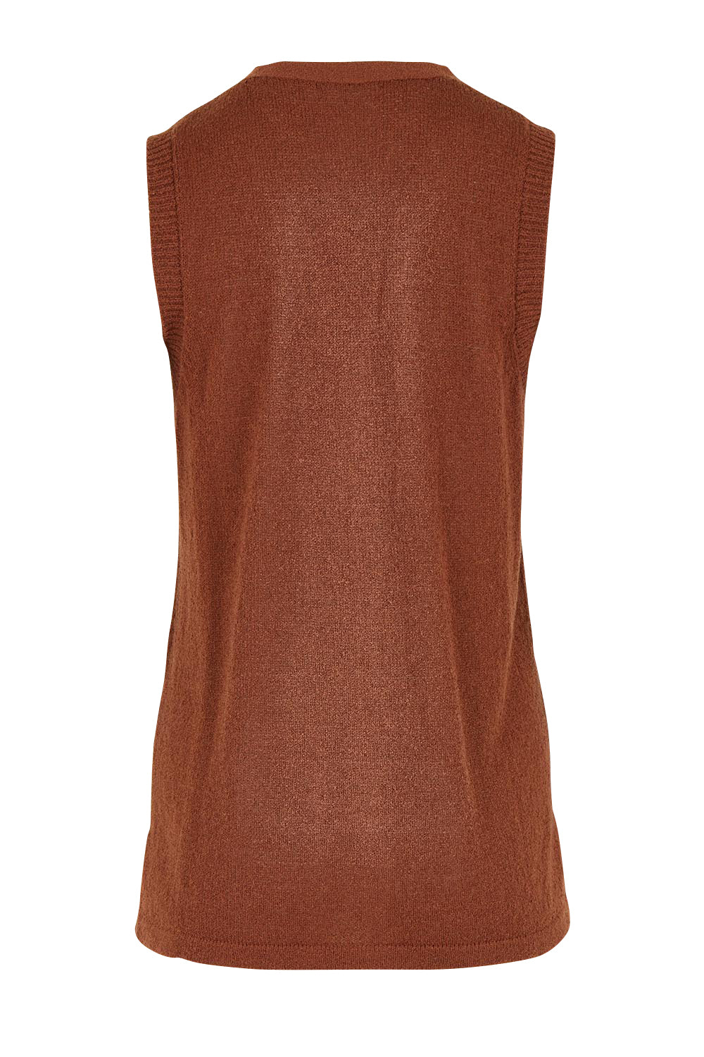 Product shot of The Every Wear Knit Button Up Vest in colour Brick, from the back
