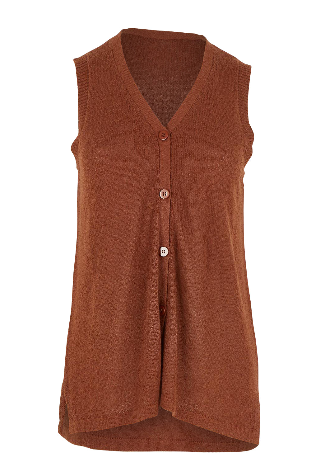 Product shot of The Every Wear Knit Button Up Vest in colour Brick, from the front