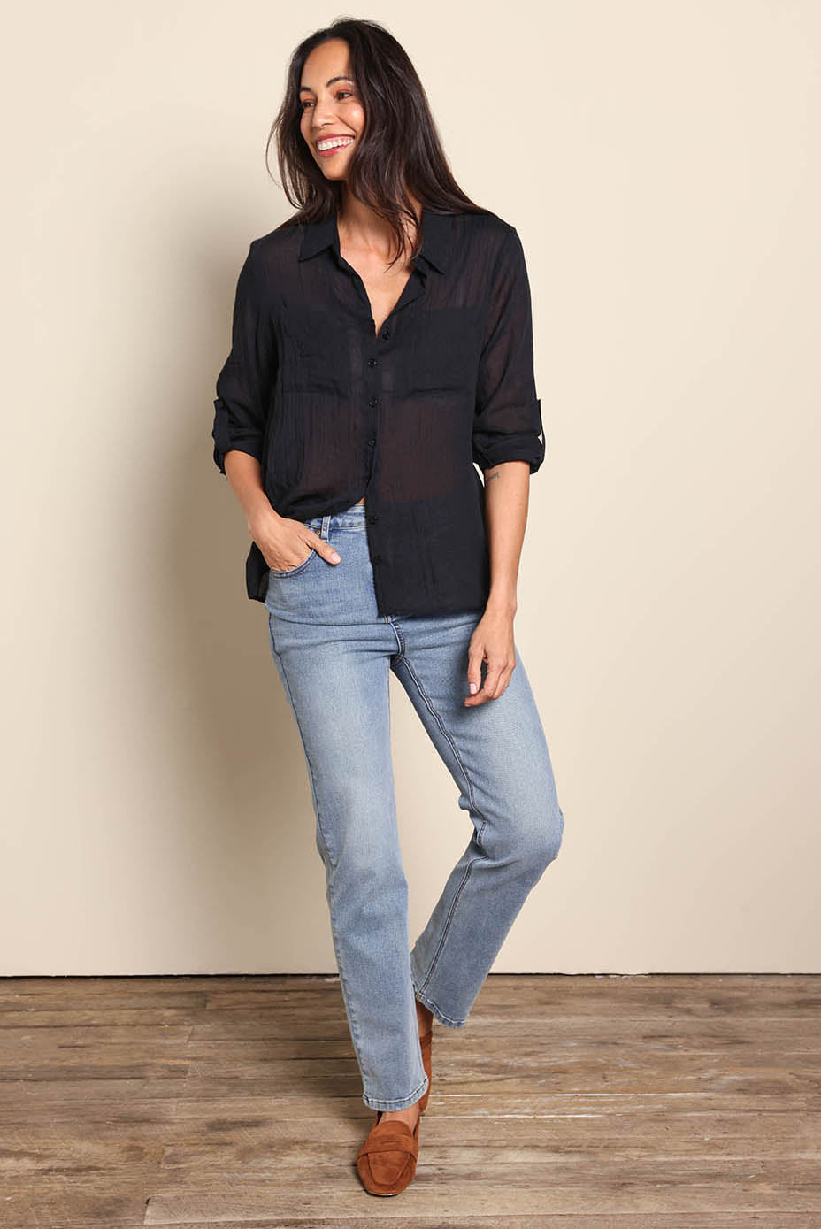 Model Amandam wearing size 10 of the The Go To Comfort Shirt - Black in colour Black, from the front